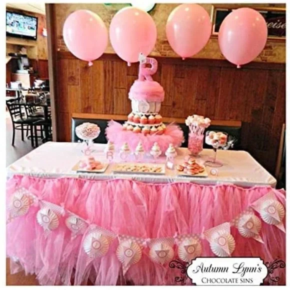 Pink tutu table skirt fluffy lace - Picture 2 of 5